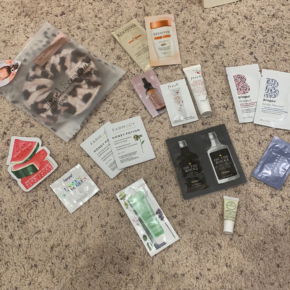 Random skincare and hair care samples, scrunchie
